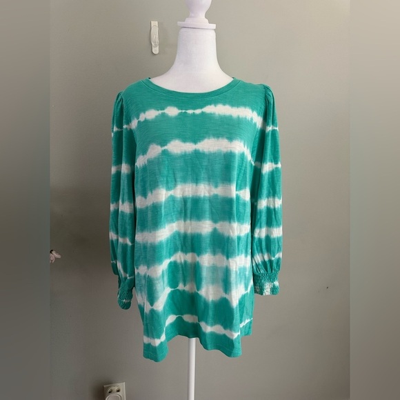 crown & ivy Tops - Crown & Ivy Jade Stripe Knit Puff Sleeve Blouse Top Casual Women’s Dye Green XL
